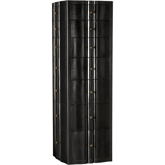 Monolith Four Sided Tower Chest by Noir in hand rubbed black. Made from mahogany, brass pull in a unique style.