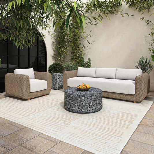 Soma Outdoor Sofa by Moe's Home Collection in natural. Made from wicker, aluminum frame, 100% olefin fabric, quick dry foam cushion in a rustic style.