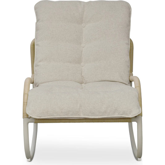 Lyra Outdoor Rocking Chair by Moe's Home Collection. Made from aluminum, synthetic wicker, 100% solution dyed polyester fabric, dacron fiber in a transitional style.