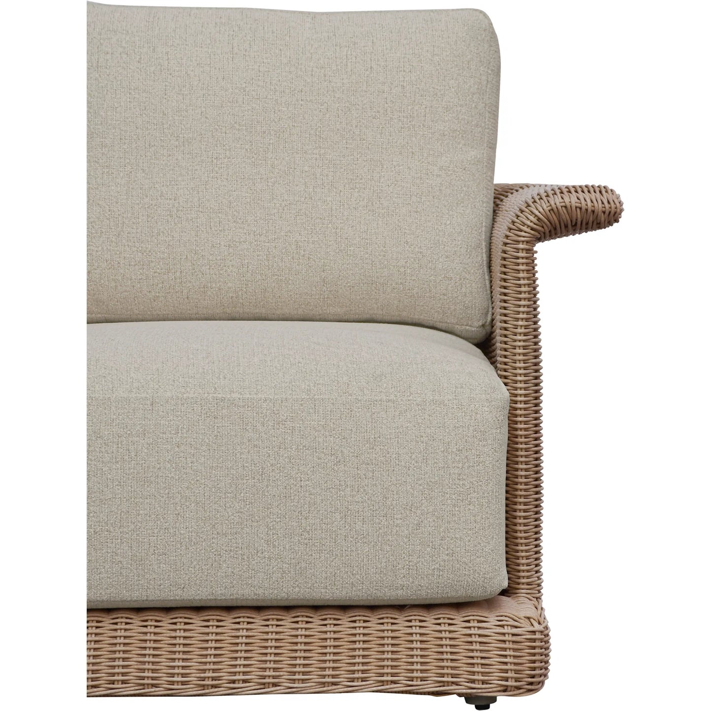 012 SI-2441515 | Closeup | Meredith Outdoor Accent Chair by Moe's Home Collection in beige. Made from synthetic wicker, aluminum frame, 100% solution dyed polyester fabric, seat quick dry foam back dacron fiber in a rustic style.