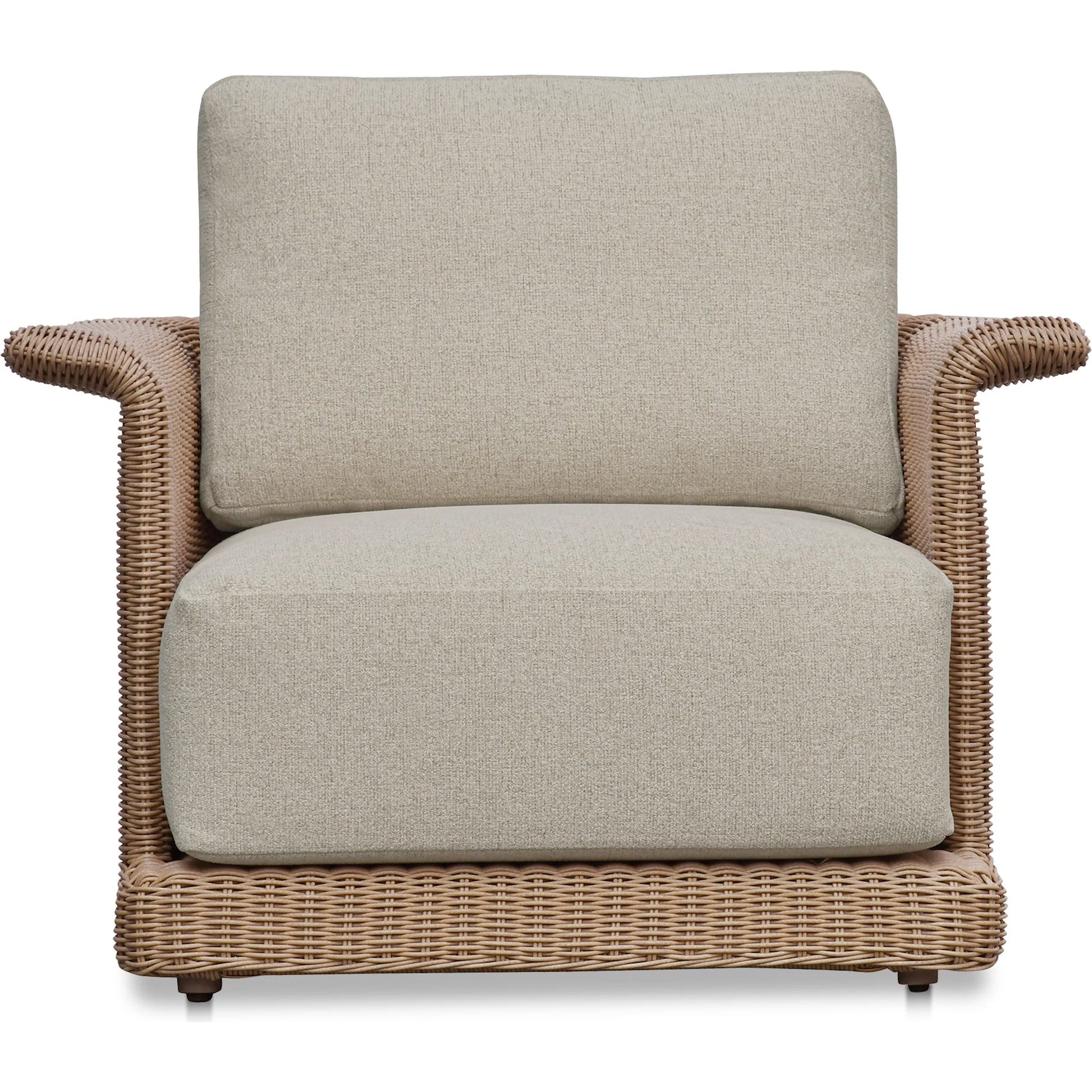 Meredith Outdoor Accent Chair by Moe's Home Collection in beige. Made from synthetic wicker, aluminum frame, 100% solution dyed polyester fabric, seat quick dry foam back dacron fiber in a rustic style.