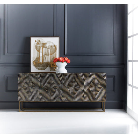 Melange Marcellus Four Door Credenza by Hooker Furniture in brown, gold. Made from mango wood with brass foil in a transitional style.