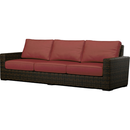 Montecito Outdoor Sofa by Sunset West in cognac. Made from resin wicker in a modern style.