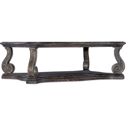 Traditions Vintage Rectangle Cocktail Table by Hooker Furniture in dark wood. Made from pine, oak, maple veneers with resin, solid-wood edge top in a cottage & farmhouse style.