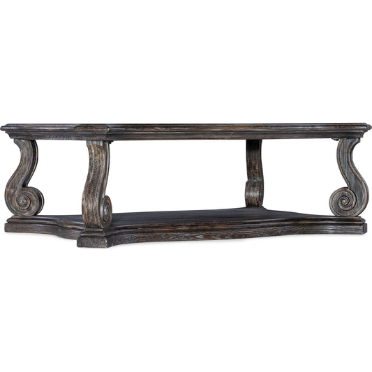 Traditions Rectangle Cocktail Table by Hooker Furniture in dark wood. Made from pine, oak, maple veneers with resin, solid-wood edge top in a cottage & farmhouse style.