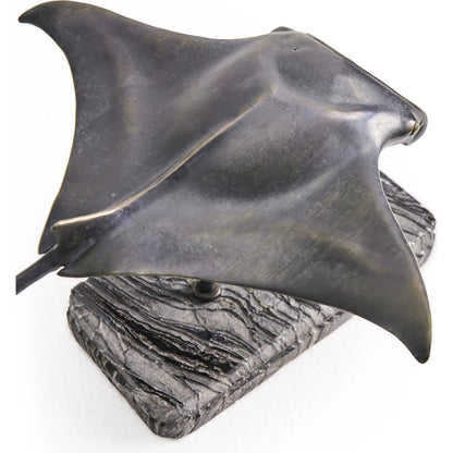 Manta Ray Bronze Statue with Marble Base by Jonathan Charles in dark rustic waxed bronze. Made from main brass in a unique style.