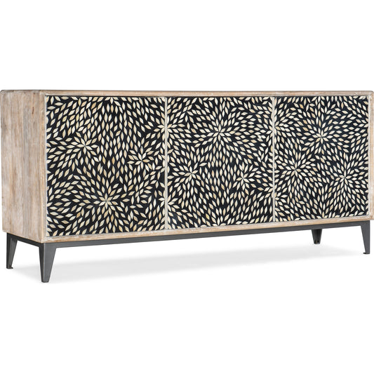 Melange Petrina Three Door Credenza by Hooker Furniture in light wood. Made from mango wood with bone inlay, iron in a transitional style.