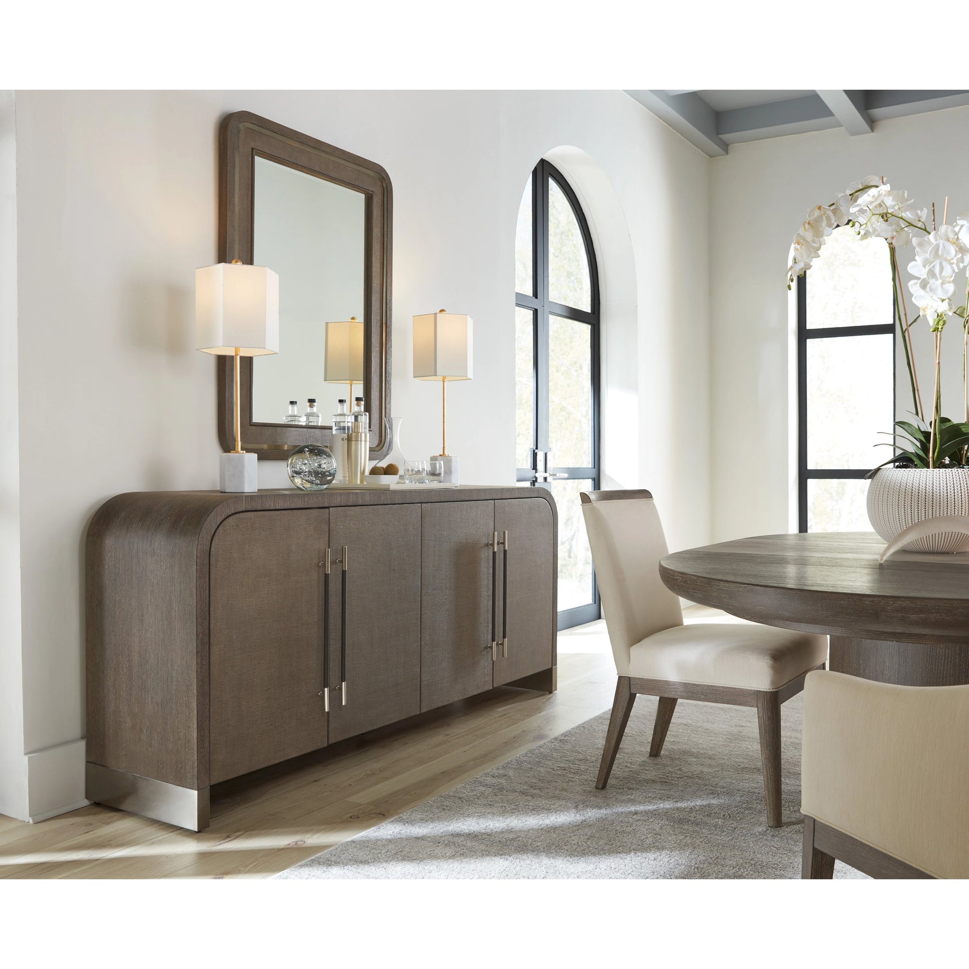 Modern Mood Buffet by Hooker Furniture. Made from oak veneers, raffia in a modern style.