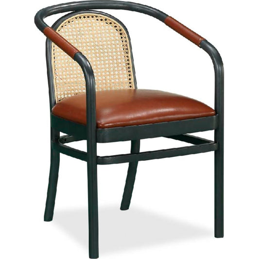 Bobby Berk Moller Arm Chair by A.R.T. Furniture in black and dark gray. Made from parawood solids, rattan mat, soft case in a rustic style.