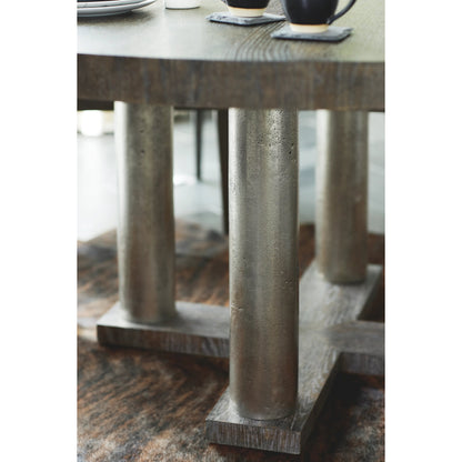Linea Round Dining Table by Bernhardt in cerused charcoal, textured graphite metal. Made from white oak veneers, cast aluminum in a unique style.