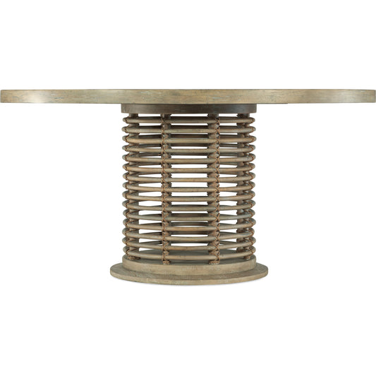 Surfrider Rattan Dining Table by Hooker Furniture in driftwood. Made from resin, rope, pecan veneers with solid-wood edge top in a coastal style.