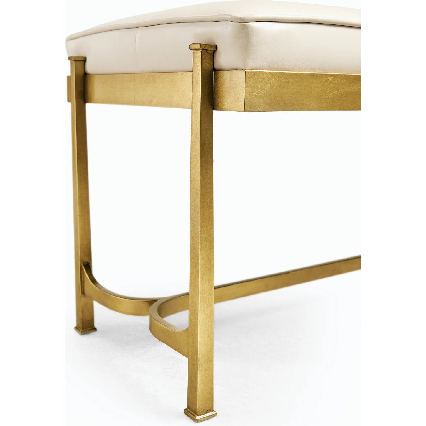 007 SI-1991046 | Closeup | Luxe Gilded Iron & Cream Leather Bench by Jonathan Charles in gilded gold. Made from iron in a modern style.