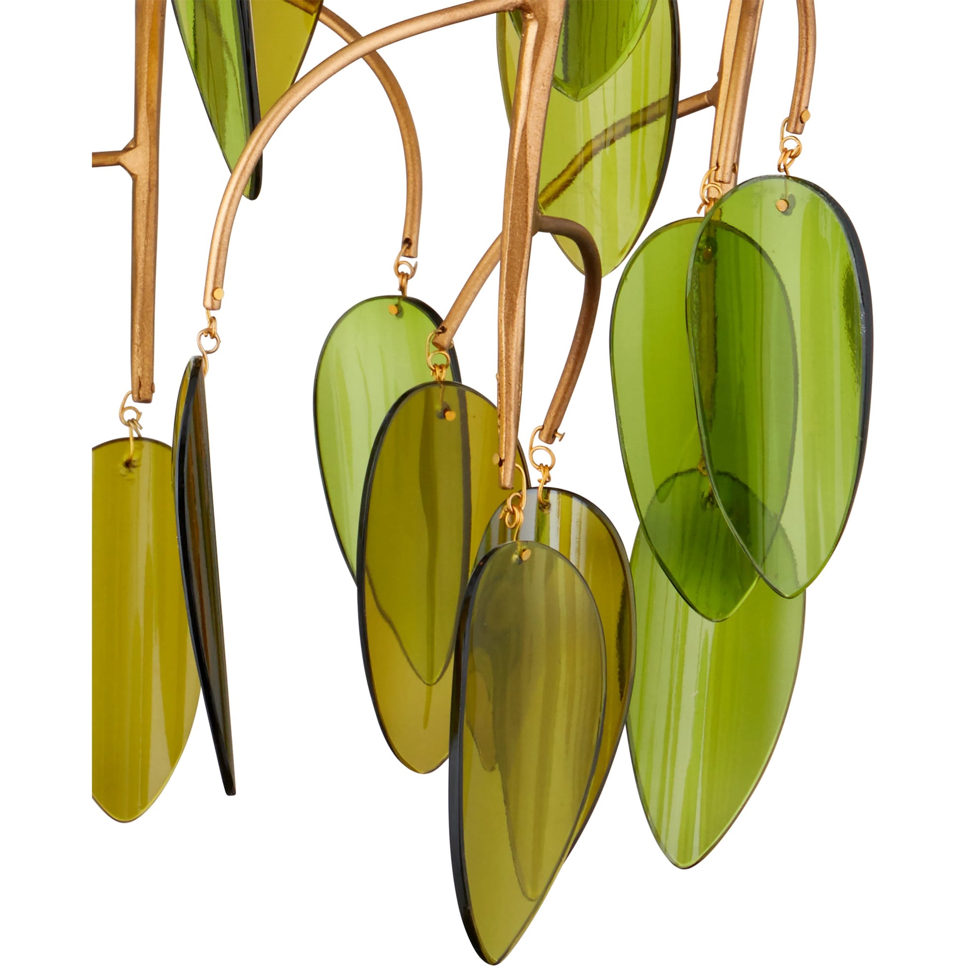 Midsummer Pendant by Currey and Company in brass, green. Made from wrought iron, recycled bottle glass in a modern style.