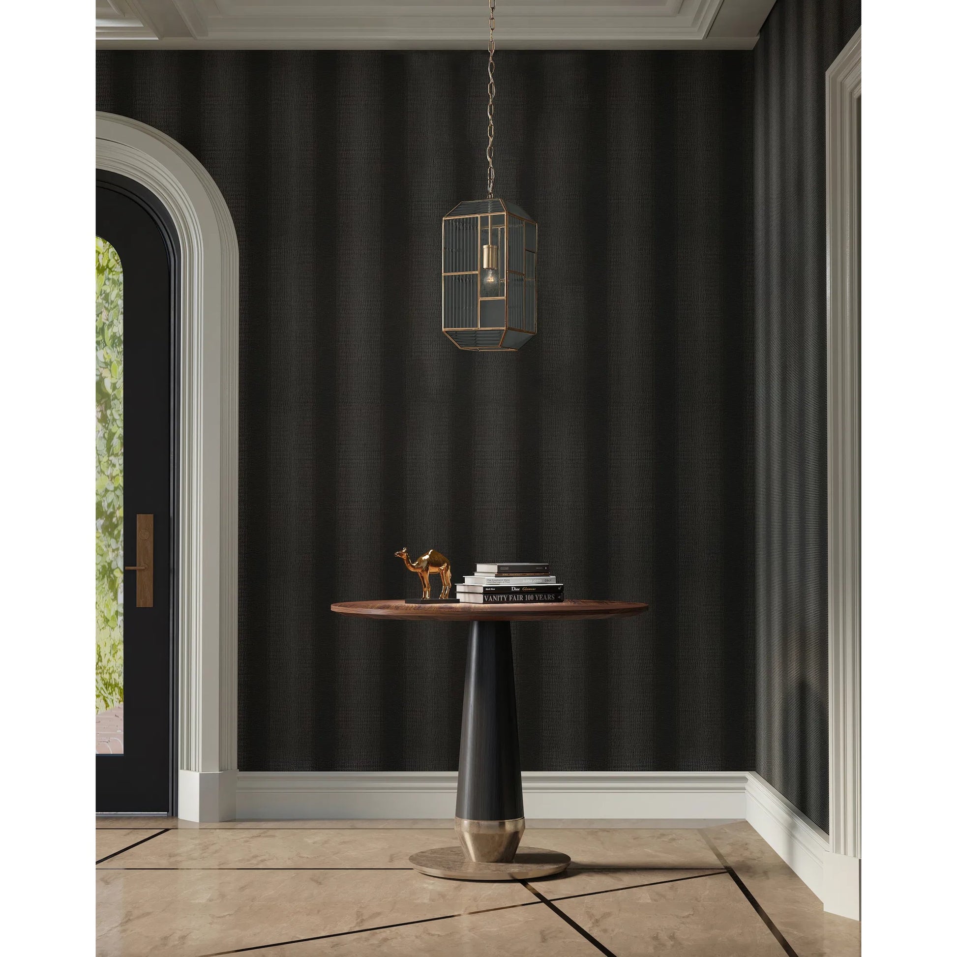 Bardolph Pendant by Currey and Company in antique brass. Made from iron, glass in a transitional style.