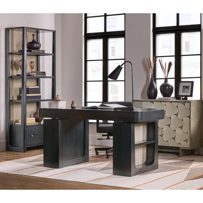 Kenzo Adjustable-Height Desk by Hooker Furniture in black and classic black. wood grain. Made from eucalyptus veneers, raffia in a unique style.