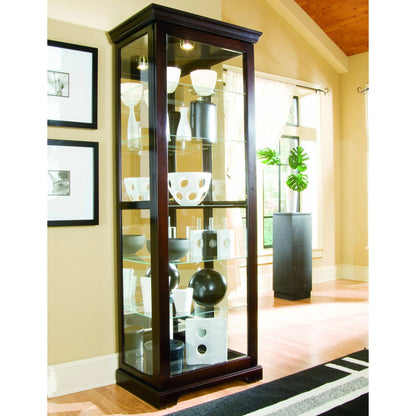 30'' Wide Hardwood Chocolate Cherry Curio Display Cabinet by Pulaski Furniture in chocolate cherry. Made from select hardwood solids, veneers in a traditional style.