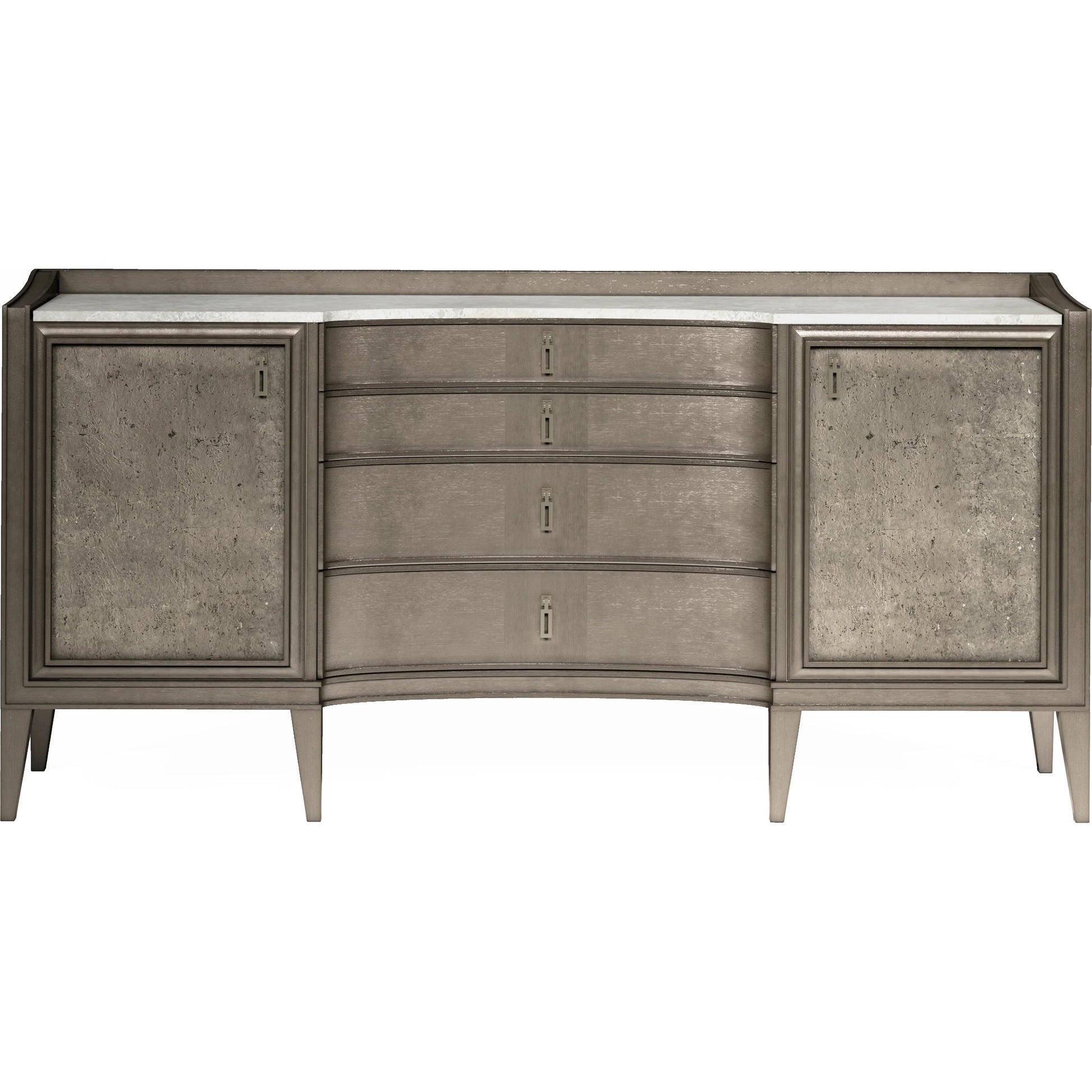 Cove Credenza by A.R.T. Furniture in grey and mica. Made from rubberwood solids, primavera veneer, stone, metal, cork in a transitional style.