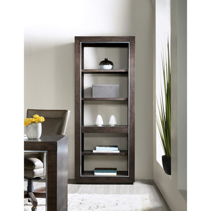 House Blend Etagere by Hooker Furniture in dark roast. Made from quartered ash veneers, metal in a unique style.