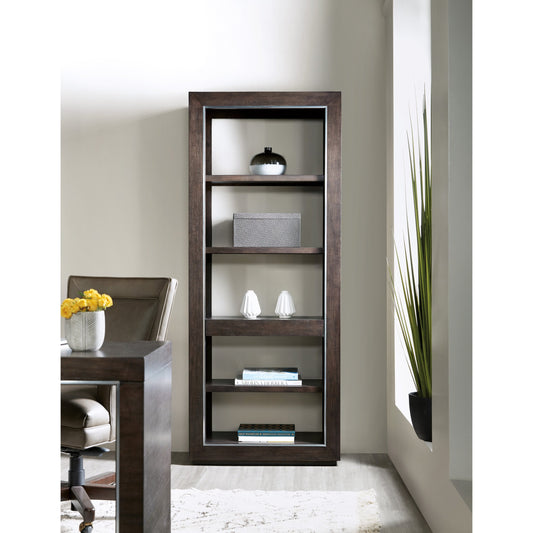 House Blend Etagere by Hooker Furniture in dark roast. Made from quartered ash veneers, metal in a unique style.