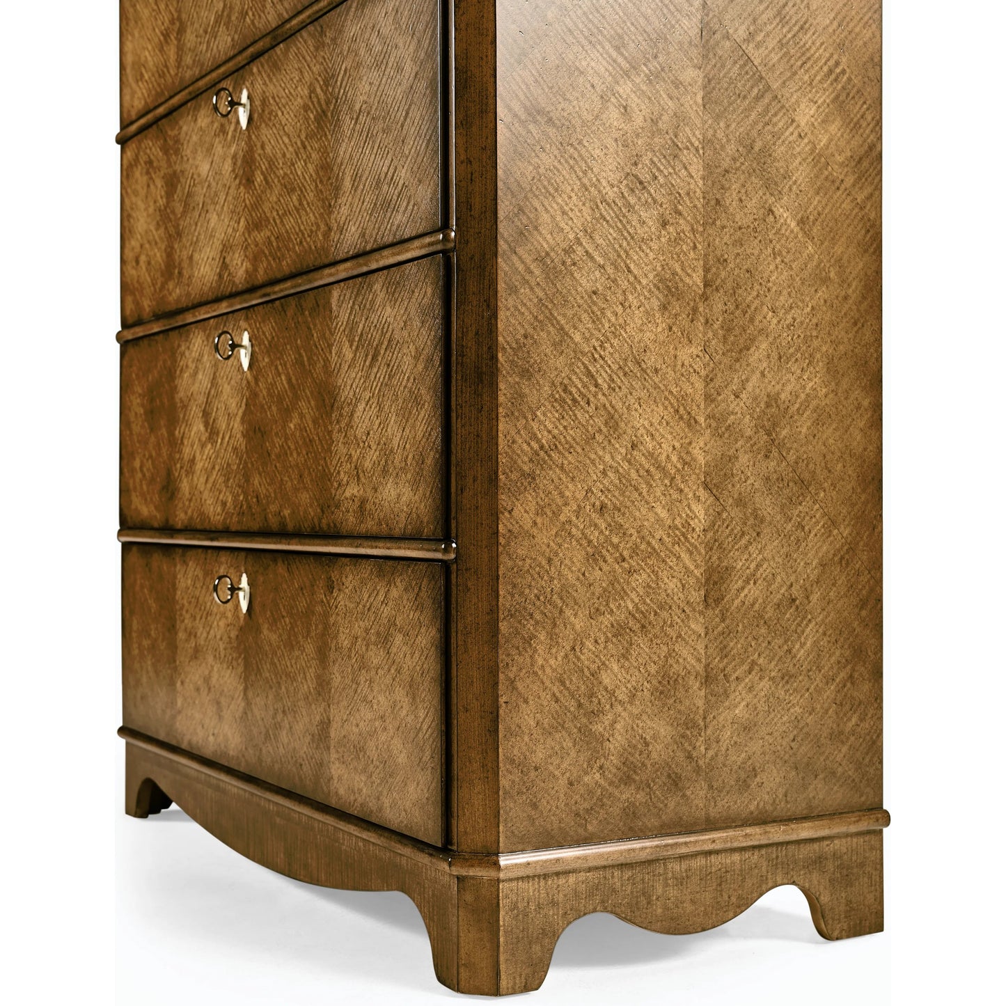 005 SI-2186337 | Closeup | Eastcote Chest of Drawers by Jonathan Charles in brown and sycamore carmel brown. Made from solid maple, sycamore quartered veneer, faux bone, metal in a modern style.
