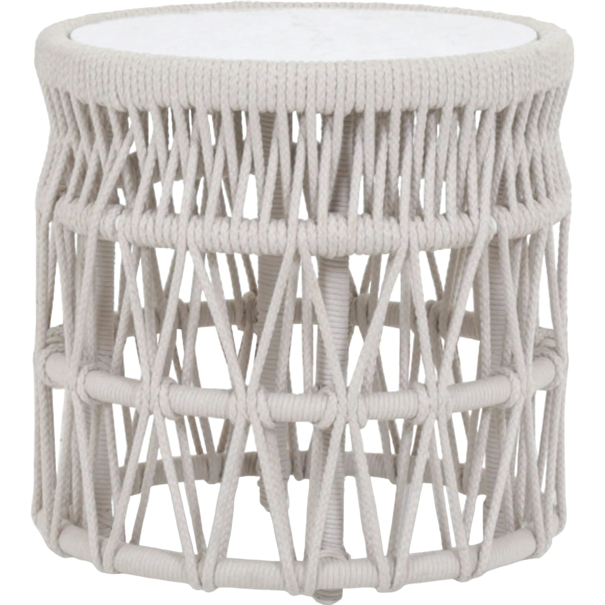 Dana Outdoor End Table with Marble Top by Sunset West in natural. Made from olefin rope in a coastal style.