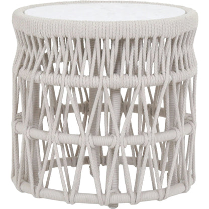 Dana Outdoor End Table with Marble Top by Sunset West in natural. Made from olefin rope in a coastal style.