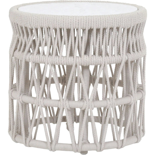 Dana Outdoor End Table with Marble Top by Sunset West in natural. Made from olefin rope in a coastal style.