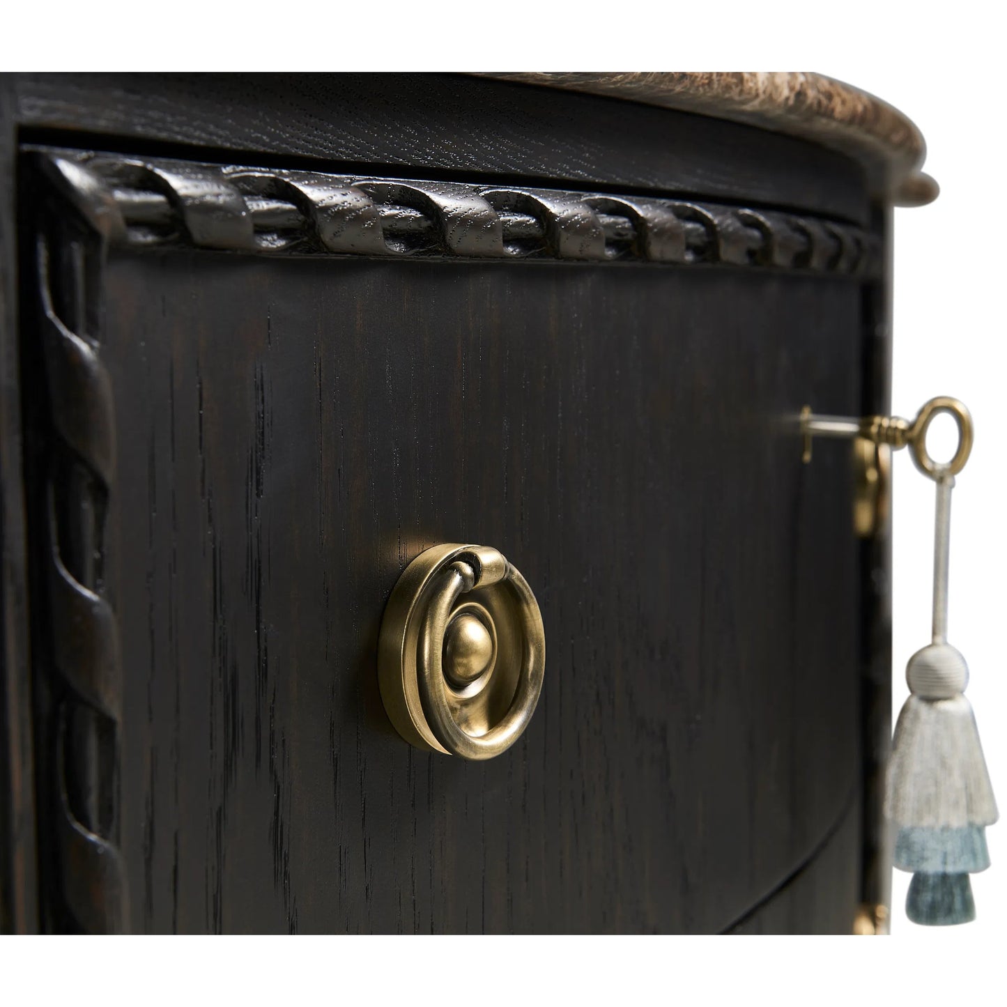 008 SI-2334501 | Closeup | Tangiers Drawer Chest by Jonathan Charles in brown, black and ebonized oak. Made from oak solids, flat-cut oak veneers, stone, brass in a traditional style.