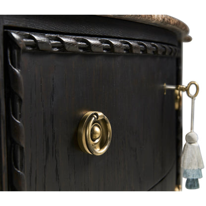 Tangiers Drawer Chest by Jonathan Charles in brown, black and ebonized oak. Made from oak solids, flat-cut oak veneers, stone, brass in a traditional style.