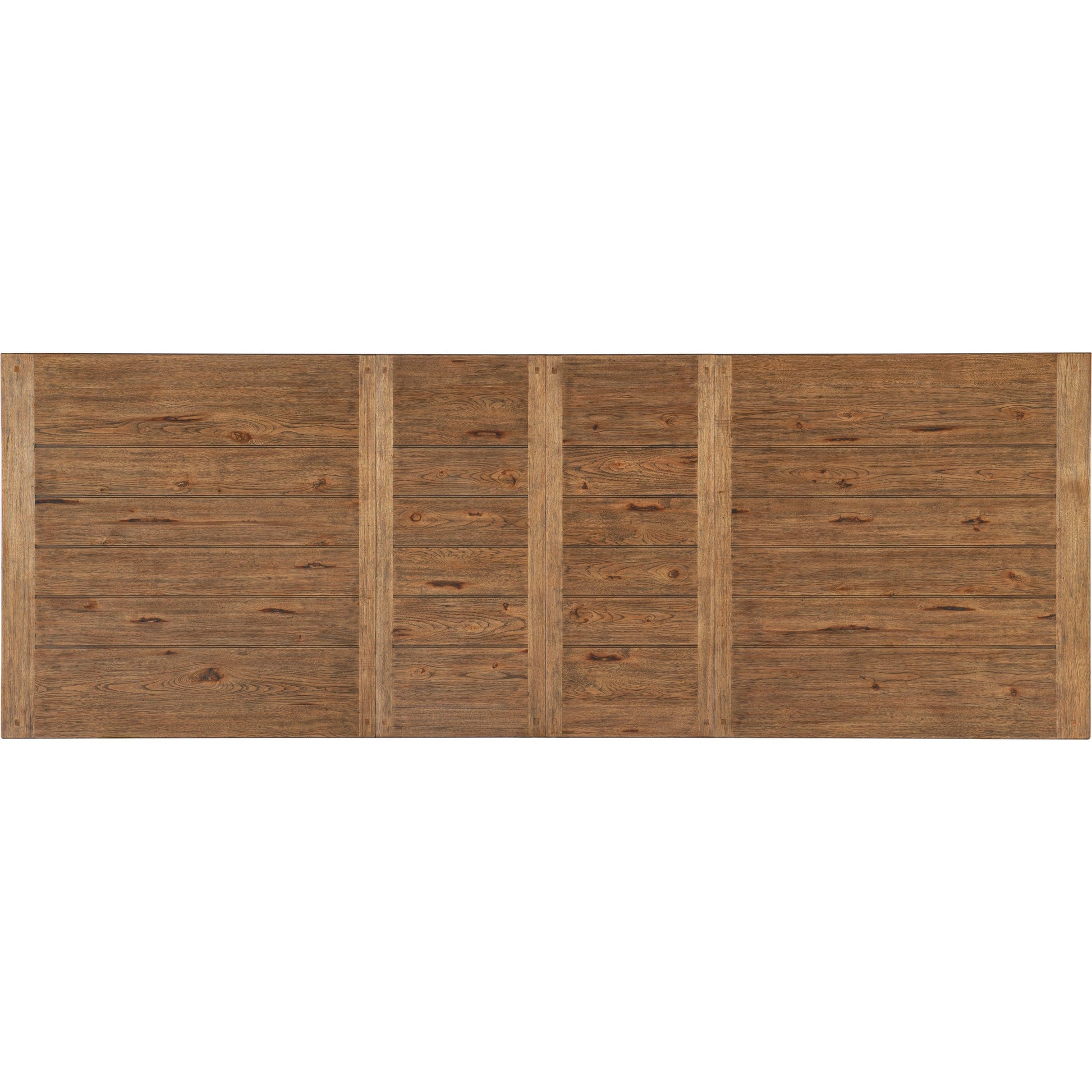 Big Sky Trestle Dining Table by Hooker Furniture in vintage natural, charred timber. Made from pecky hickory veneers, solid-wood edged top in a modern style.