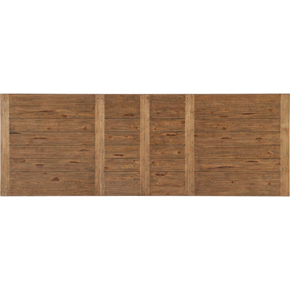 Big Sky Trestle Dining Table by Hooker Furniture in vintage natural, charred timber. Made from pecky hickory veneers, solid-wood edged top in a modern style.