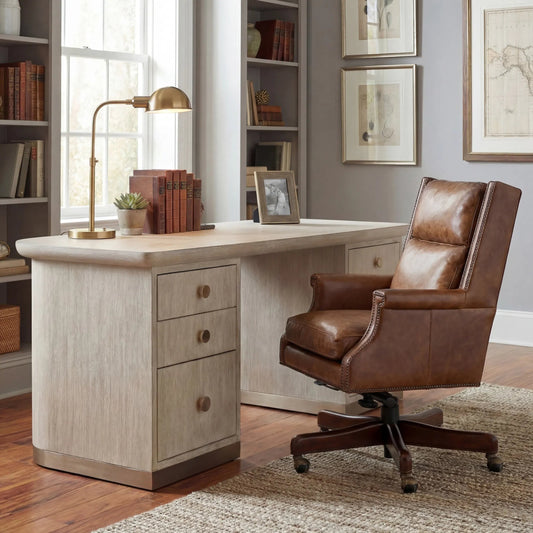 Beckett Executive Swivel Tilt Chair by Hooker Furniture in brown. Made from leather in a traditional style.