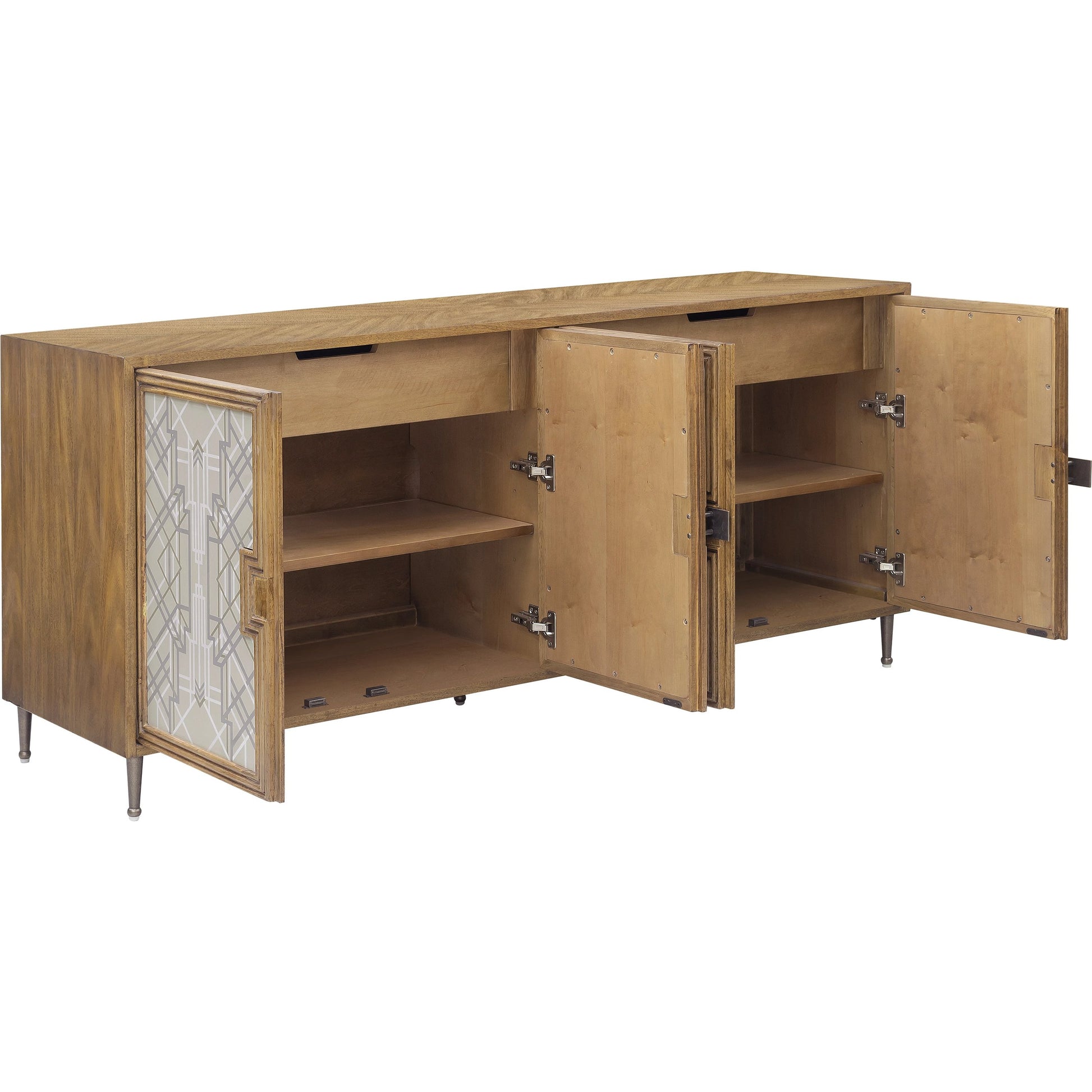 Mid-Century Modern 4 Door Credenza by Pulaski Furniture in honey. Made from rubberwood in a modern style.
