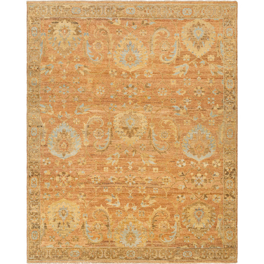 Ghazni Rug by Surya in burnt orange, light brown, mauve, tan, charcoal, light blue, light olive. Made from main: 100% wool in a modern style.