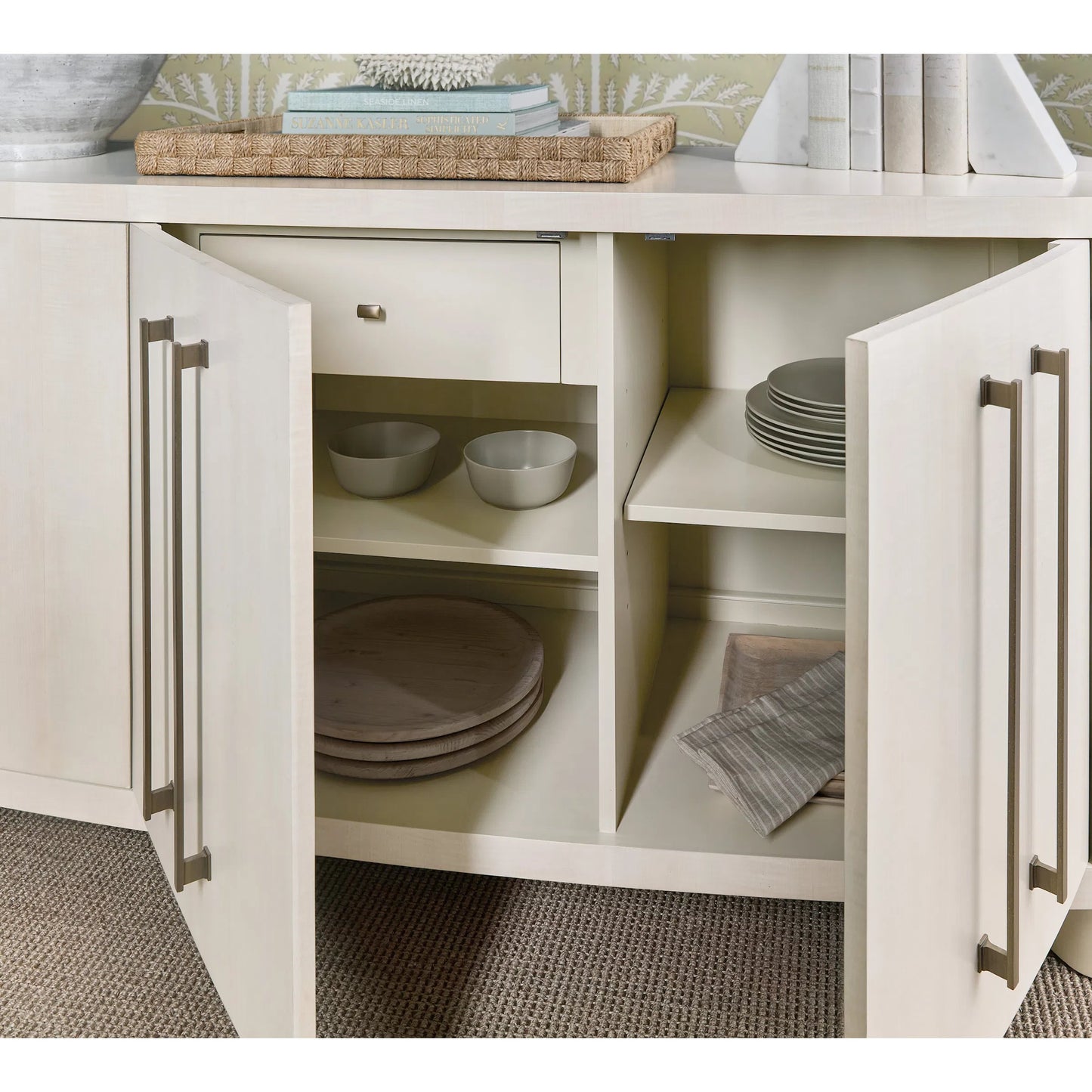 004 SI-2458417 | Closeup | Melange Bar None Credenza by Hooker Furniture in white, maple veneers. Made from figured maple veneers, fabric, 82% polyester, 13% acrylic, 5% linen in a transitional style.