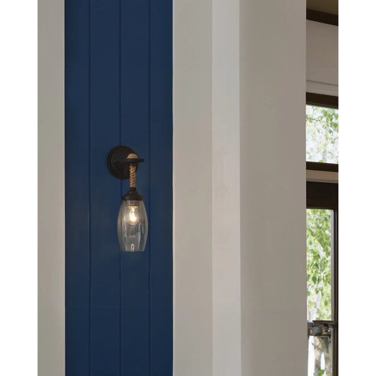 Hightider Wall Sconce by Currey and Company in french black, natural. Made from wrought iron, abaca, recycled glass in a rustic style.