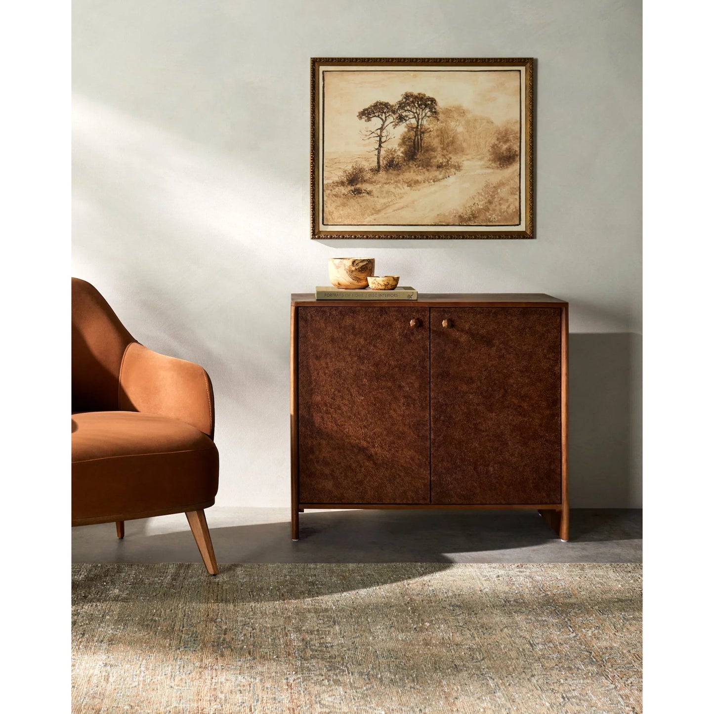 004 SI-2244538 | Lifestyle | Gelina Cabinet 541158 by Surya in brown, metallic bronze and naturalnaturaltextured. Made from oak, metal in a transitional style.