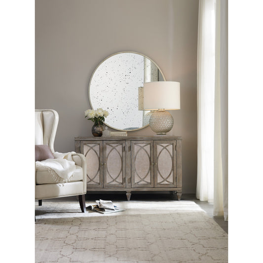 Rustic Glam Credenza by Hooker Furniture in soft white oak. Made from quartered white oak veneers, glass in a transitional style.