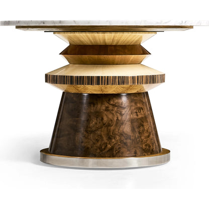 Rook Round Cocktail Table by Jonathan Charles in brown and mingle mangle, carrera marble. Made from marble, stainless steel, veneers: walnut burl, cerajeira, ebony, maple, chestnut, eucalyptus in a modern style.