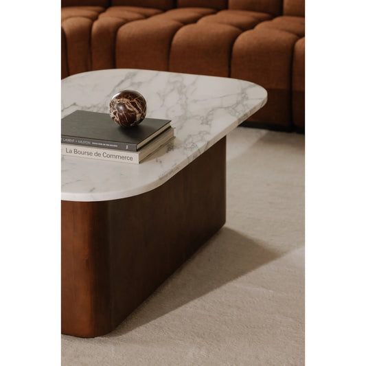 Dash Coffee Table by Moe's Home Collection in calacatta marble, brown wood. Made from italian calacatta marble, mango wood in a unique style.