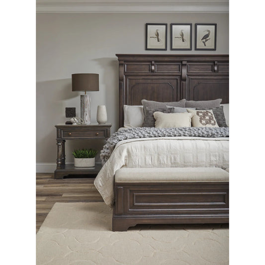 Hickory Creek Storage Bed by Pulaski Furniture in brown velvet. Made from split heart cathedral hickory veneers in a unique style.