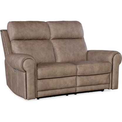 Duncan Power Loveseat by Hooker Furniture in kalahari bark. Made from leather, kalahari bark (semi-aniline top grain with splits) in a traditional style.