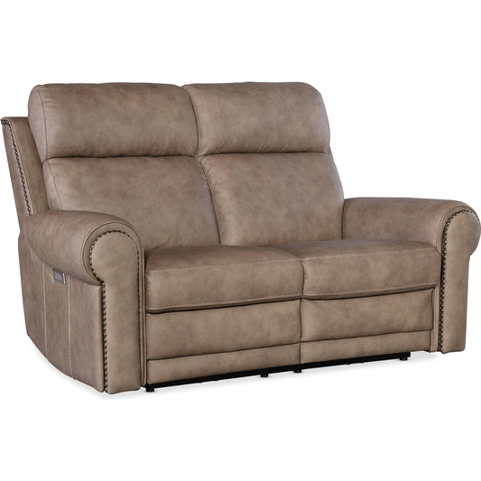 001 SI-2133809 | Primary Silo | Duncan Power Loveseat by Hooker Furniture in kalahari bark. Made from leather, kalahari bark (semi-aniline top grain with splits) in a traditional style.