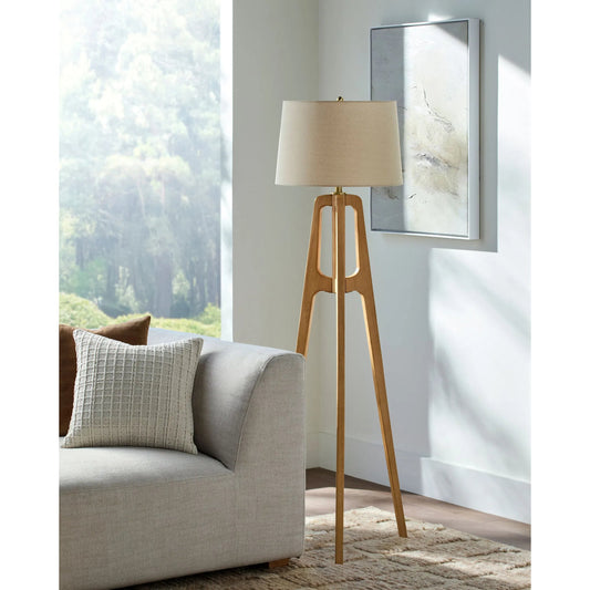 Gingko Accent Floor Lamp by Surya in brown. Made from rubber wood, linen, polyester, iron in a unique style.