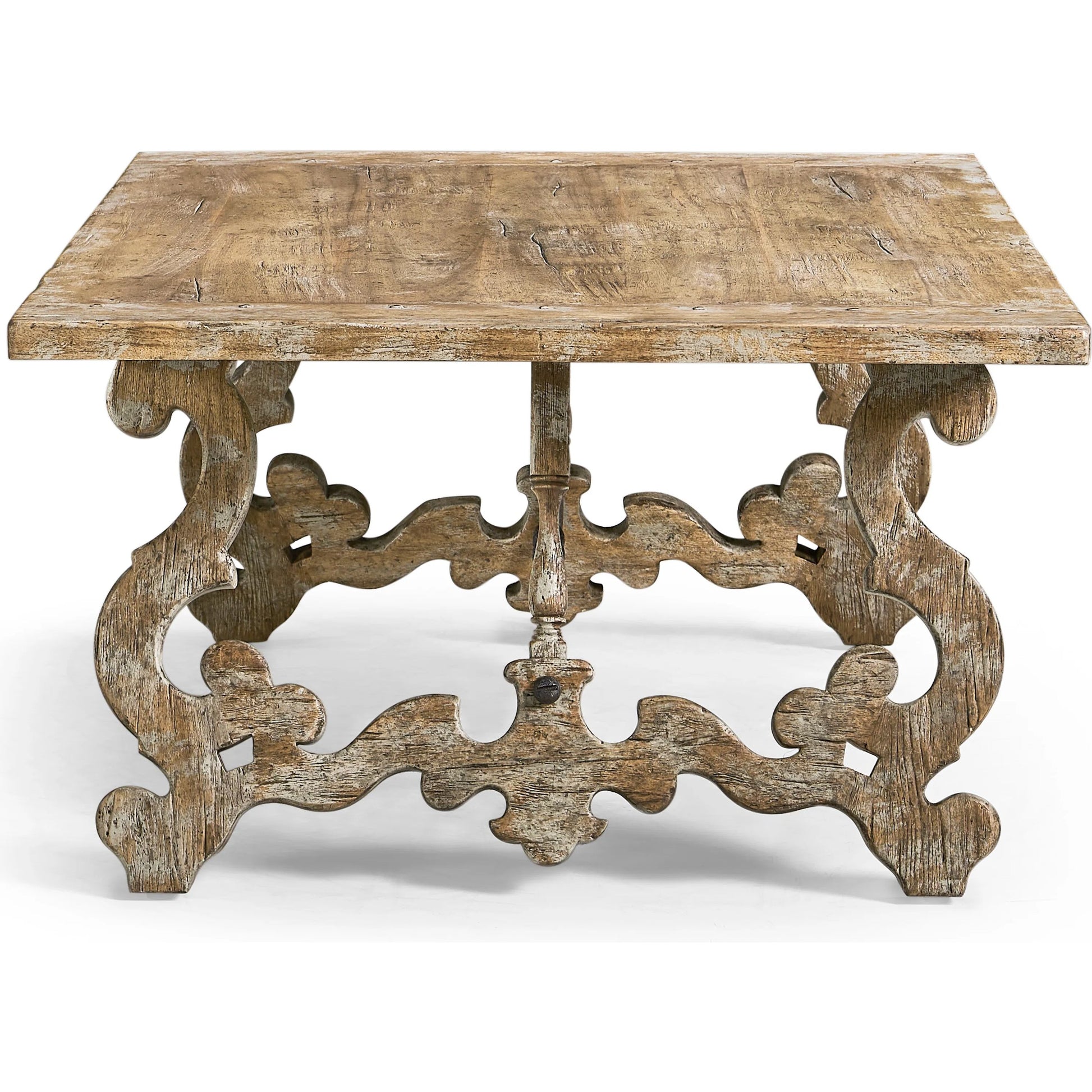 Caldera Curved-Base Cocktail Table by Jonathan Charles in light spain painted walnut. Made from acacia in a traditional style.