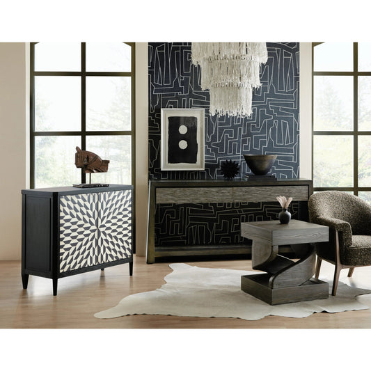 Commerce & Market Twister End Table by Hooker Furniture in dark wood and dark wood finish. Made from pine veneers and resin in a modern style.