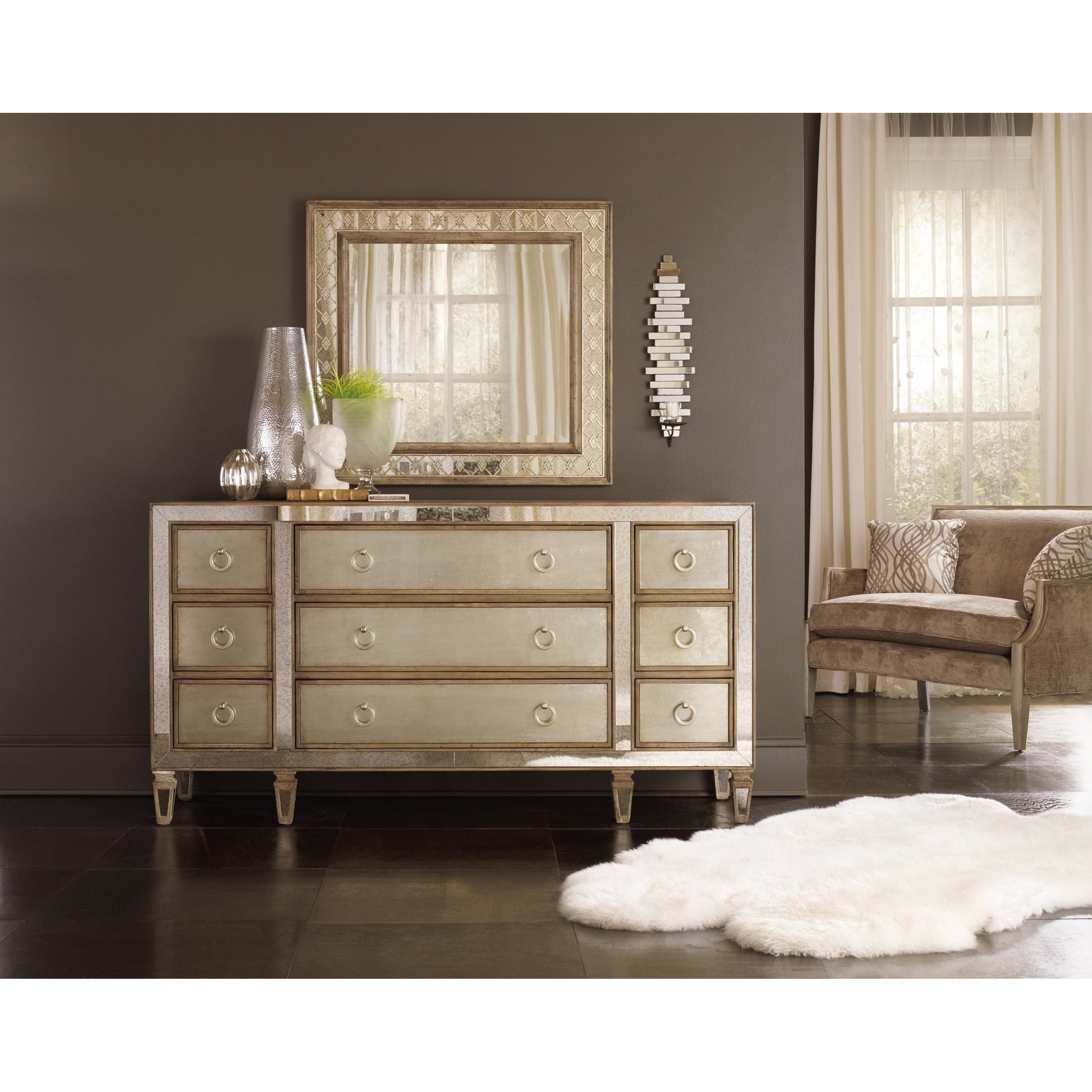 Sanctuary 9 Drawer Dresser by Hooker Furniture in avalon. Made from oak veneers, eglomise, solid-wood edge top in a modern style.
