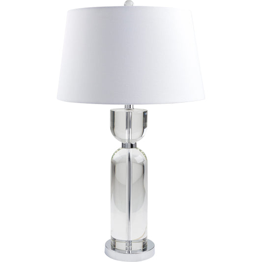 Glamorous - 498999 by Surya in body: clear, base: metallic - silver, shade: white, finial: clear, harp: metallic - nickel, cord: translucent and natural crystal. Made from body: crystal, base: metal, shade (outside): line