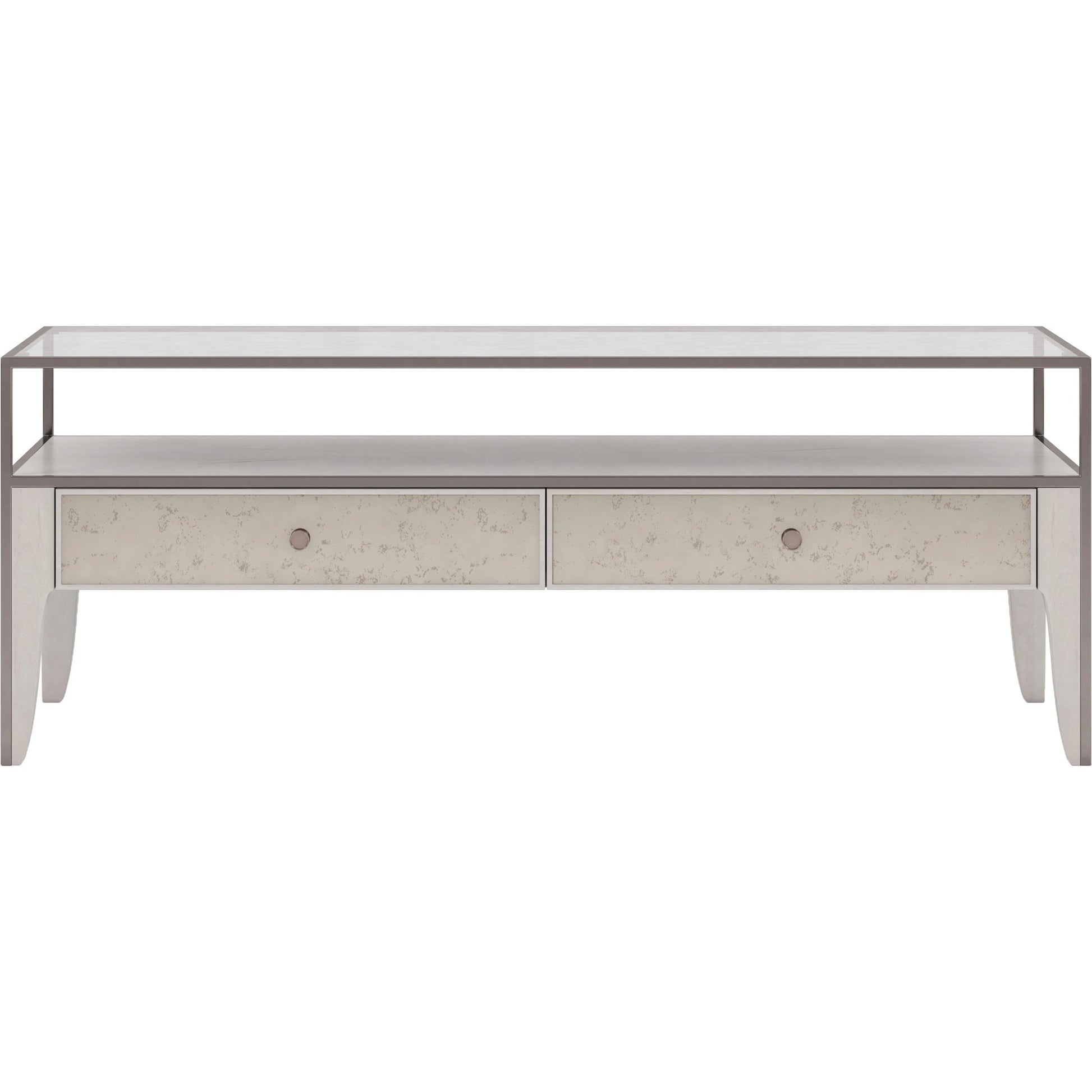 Mezzanine Rectangular Cocktail Table by A.R.T. Furniture in dove gray. Made from parawood, poplar solids, maple veneer, mirror, glass, steel in a modern style.