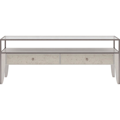 Mezzanine Rectangular Cocktail Table by A.R.T. Furniture in dove gray. Made from parawood, poplar solids, maple veneer, mirror, glass, steel in a modern style.